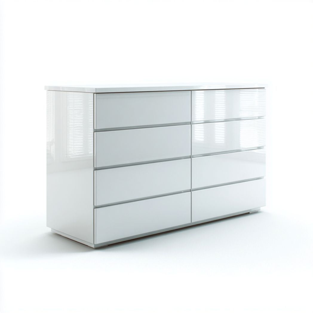 Commode à huit tiroirs en blanc brillant sans poignées au design linéaire