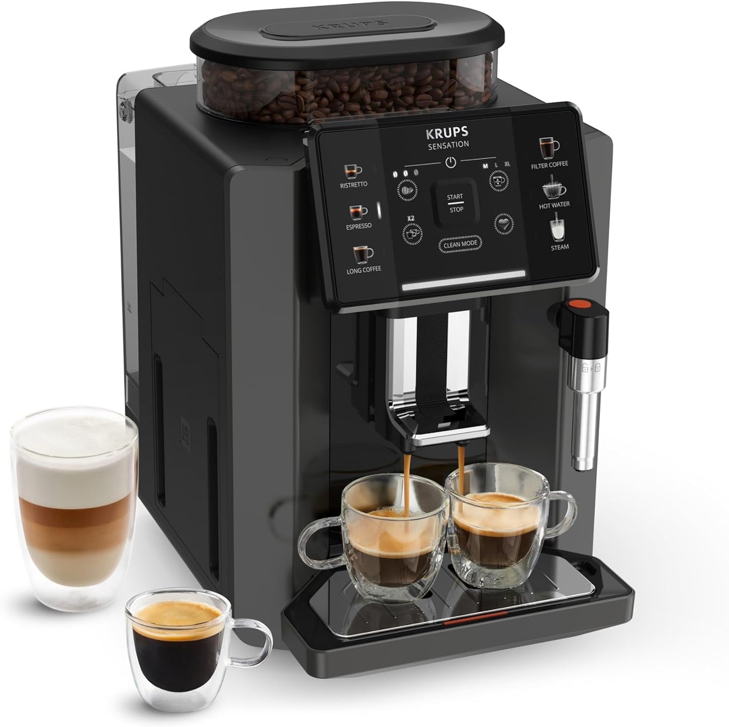 Krups Sensation C50, Machine à café grains, machine expresso, 5 boissons accès direct, Interface tactile, Facile à utiliser, Nettoyage automatique, Buse vapeur Cappuccino, Fabriqué en France EA910810